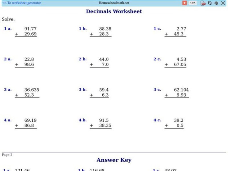 Decimal Addition Worksheet