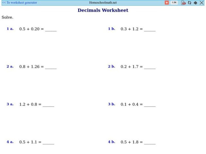 Decimal Addition Worksheet