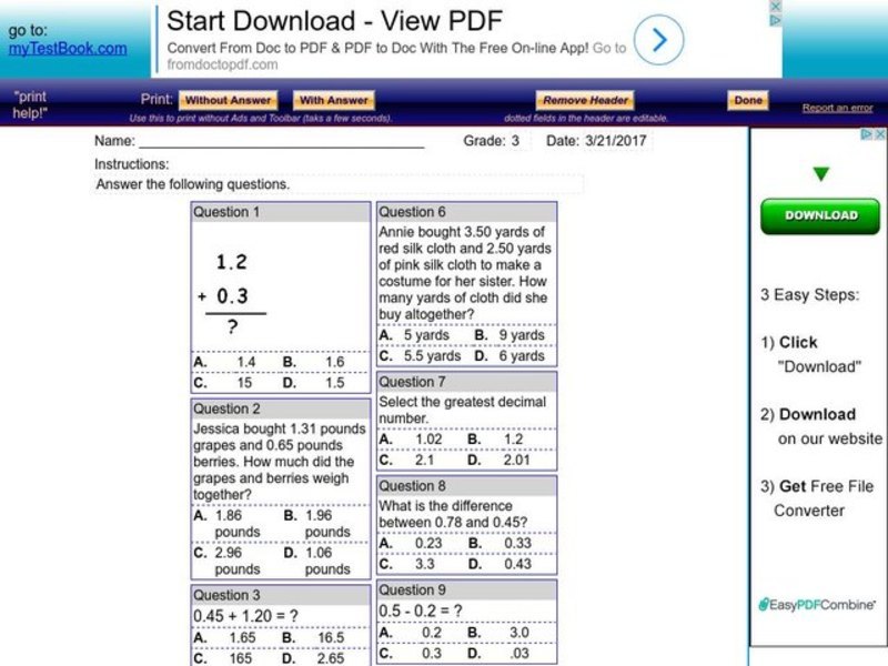 Decimal Addition and Subtraction for Grade 3 Worksheet