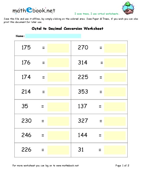 Decimal Conversions Worksheet