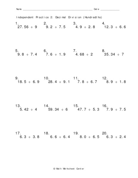 Decimal Division Worksheet