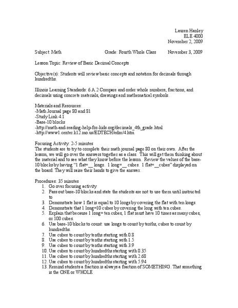 Decimal Concepts Lesson Plan