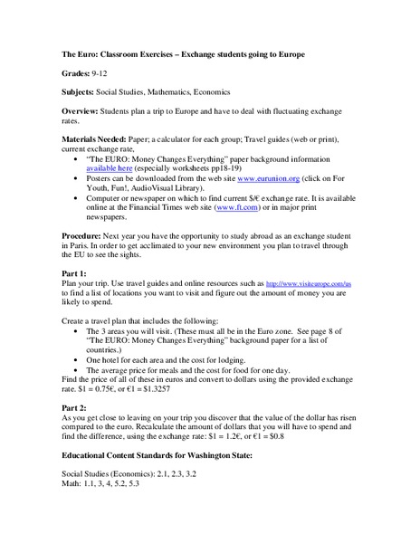 The Euro: Classroom Exercises – Exchange Students Going to Europe Lesson Plan