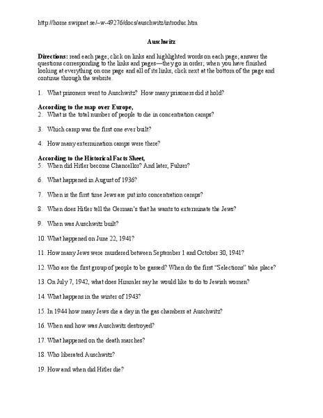 Reading Comprehension: Auschwitz Worksheet