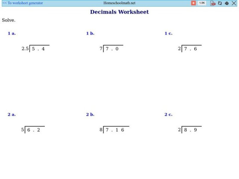 Decimal Division Worksheet