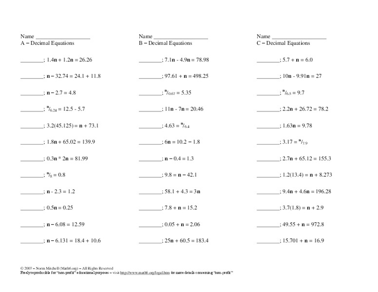 Decimal Equations Worksheet