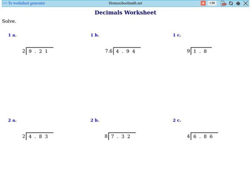 Decimal Division Worksheet