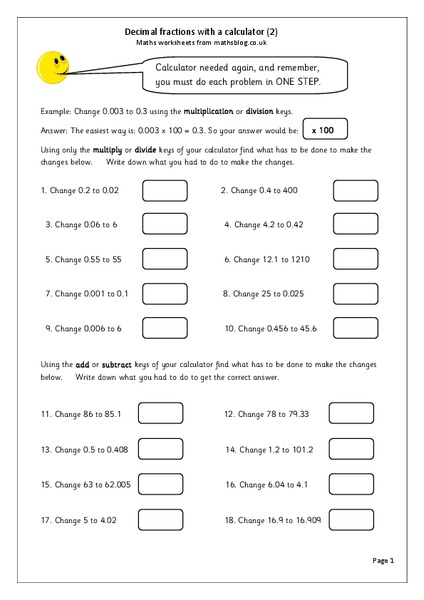 Decimal Fractions With a Calculator Worksheet