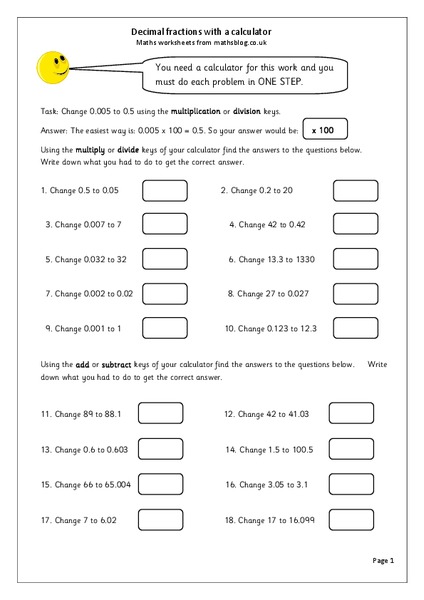 Decimal Fractions with a Calculator Worksheet