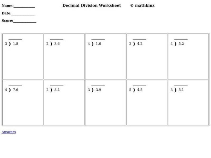 Decimal Division Worksheet Worksheet