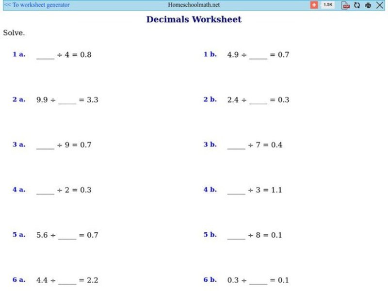 Decimal Division Worksheet