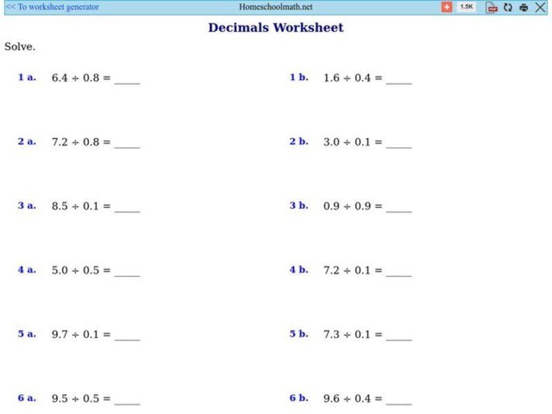 Decimal Division Worksheet