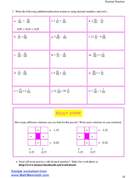 Decimal Numbers Worksheet