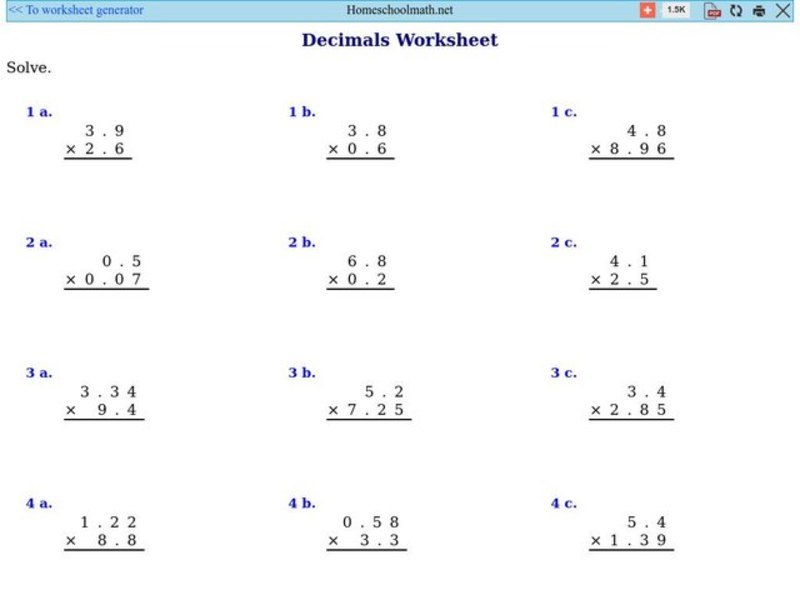 Decimal Multiplication Worksheet