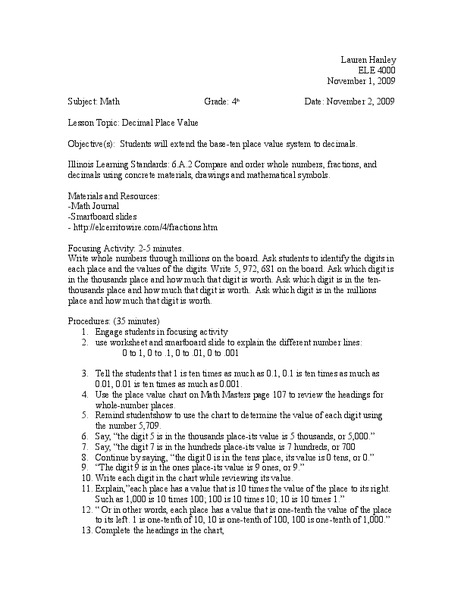 Decimal Place Value Lesson Plan