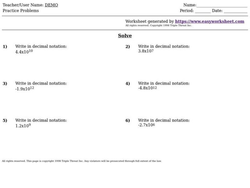 Decimal Notation Worksheet