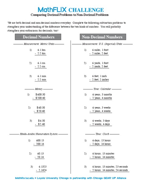 Decimal Problems Worksheet