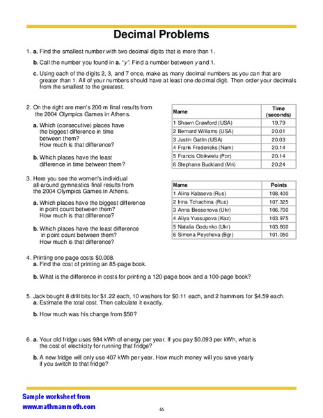 Decimal Problems Worksheet