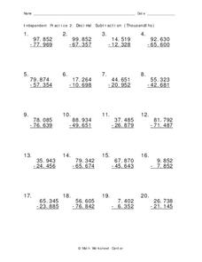 Decimal Subtraction Worksheet
