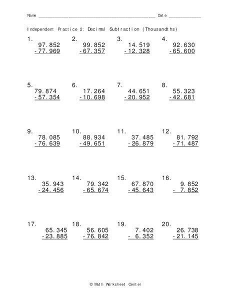 Decimal Subtraction Worksheet