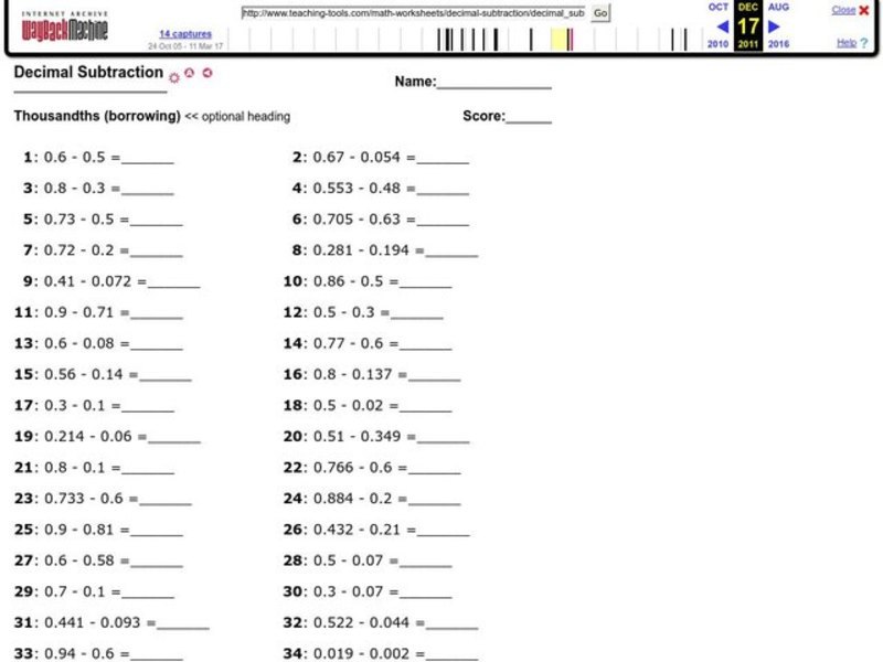 Decimal Subtraction Worksheet