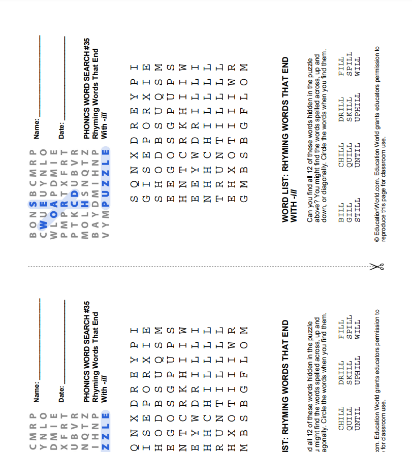 Phonics Word Search #35- Rhyming Words That End With -ill Lesson Plan