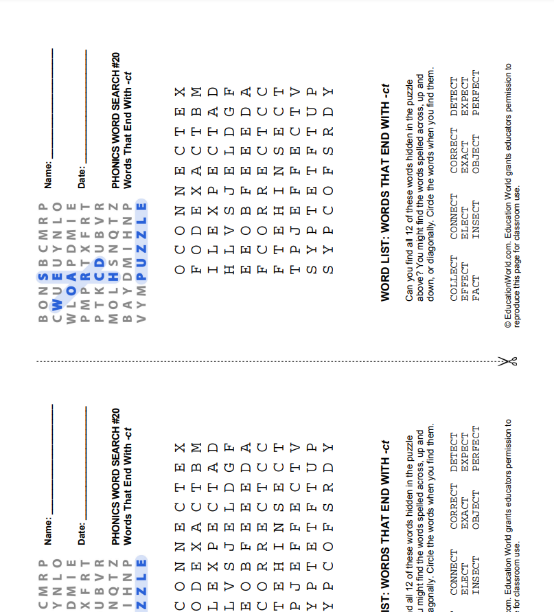 Phonics Word Search #20: Words That End With "-ct" Lesson Plan