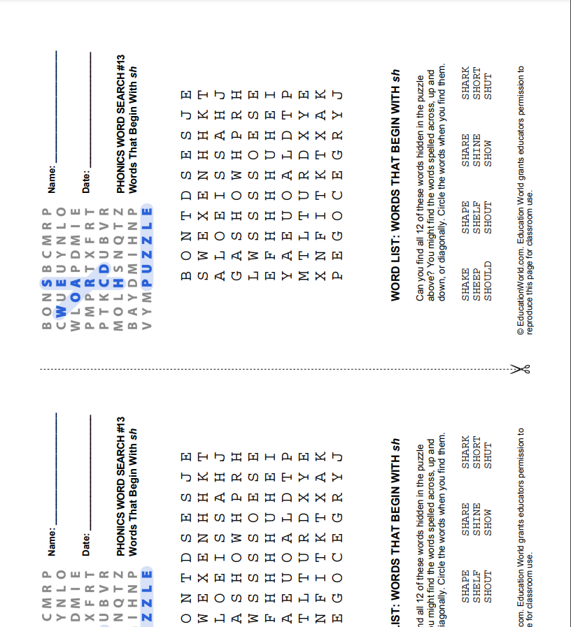 Phonics Word Search: sh Lesson Plan