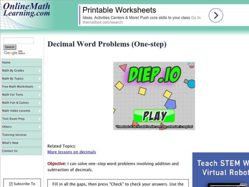 Decimal Word Problems Interactive