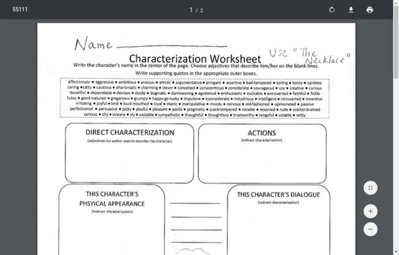 Characterization Worksheet  Organizer