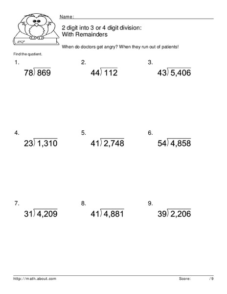 2 Digit into 3 or 4 Digit Division Worksheet