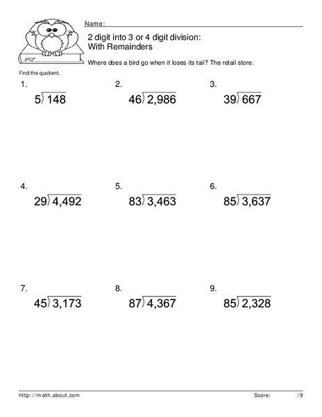2 Digit into 3 or 4 Digit Division Worksheet