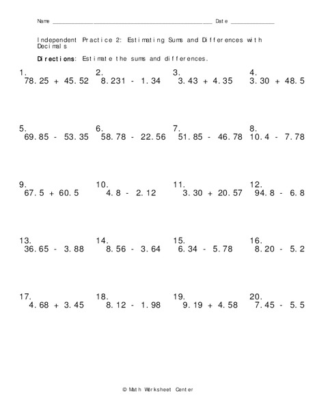 Decimals Worksheet
