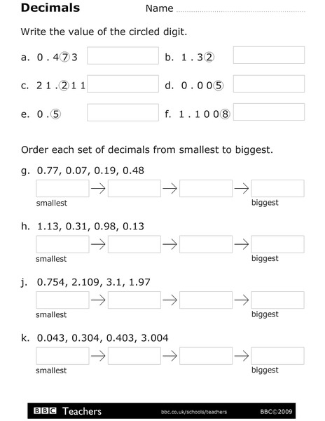 Decimals Worksheet