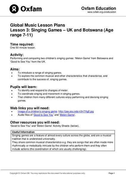 Global Music Lesson Plans: Singing Games - UK and Botswana Lesson Plan