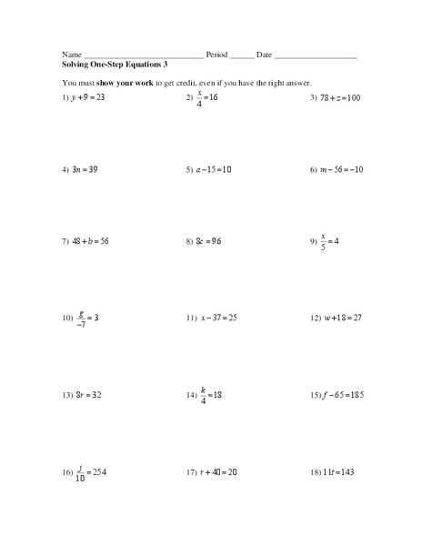  Solving One-Step Equations Worksheet