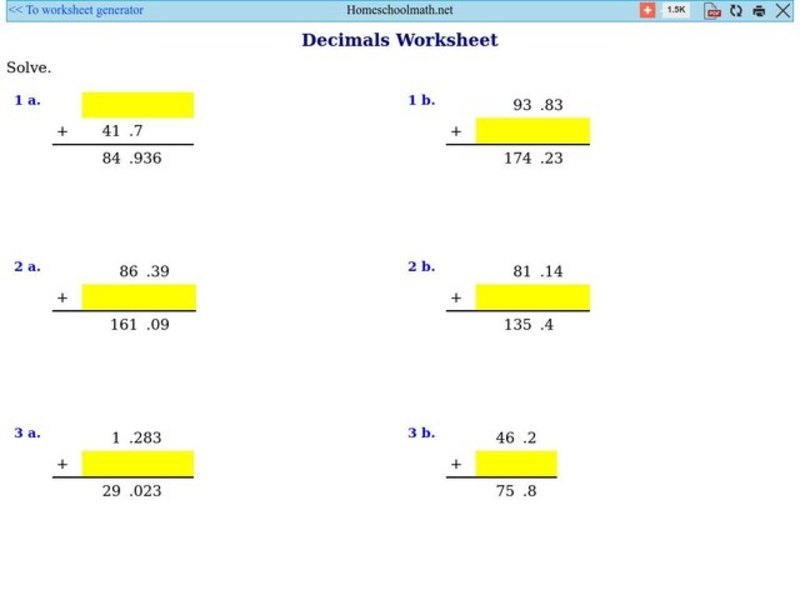 Decimals Worksheet