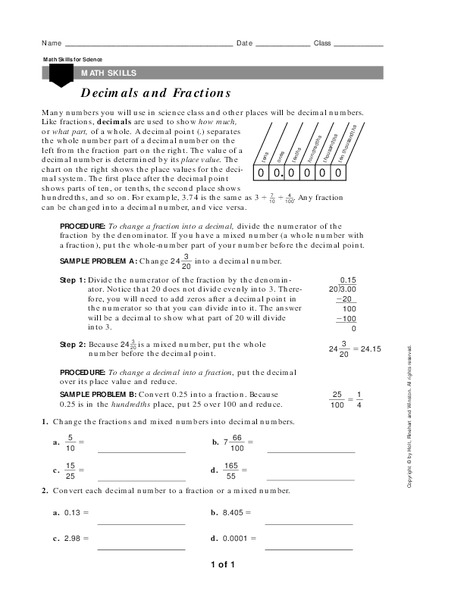Decimals and Fractions Worksheet