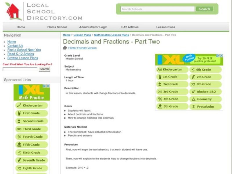 Decimals and Fractions Lesson Plan
