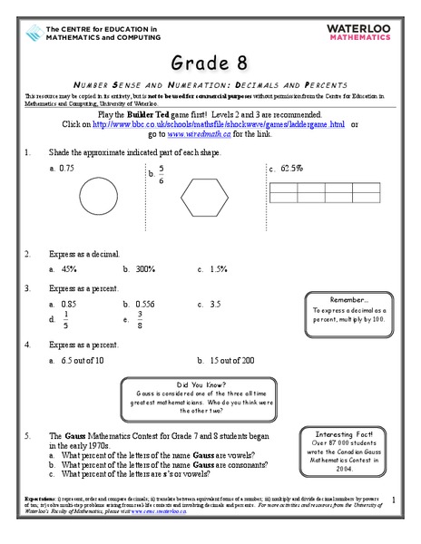 Decimals and Percents Worksheet
