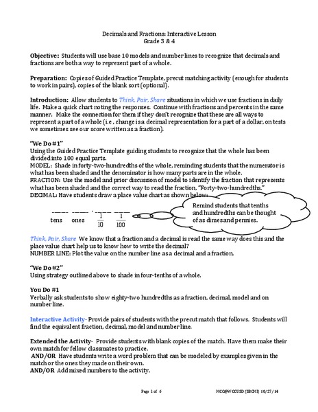 Decimals and Fractions Lesson Plan