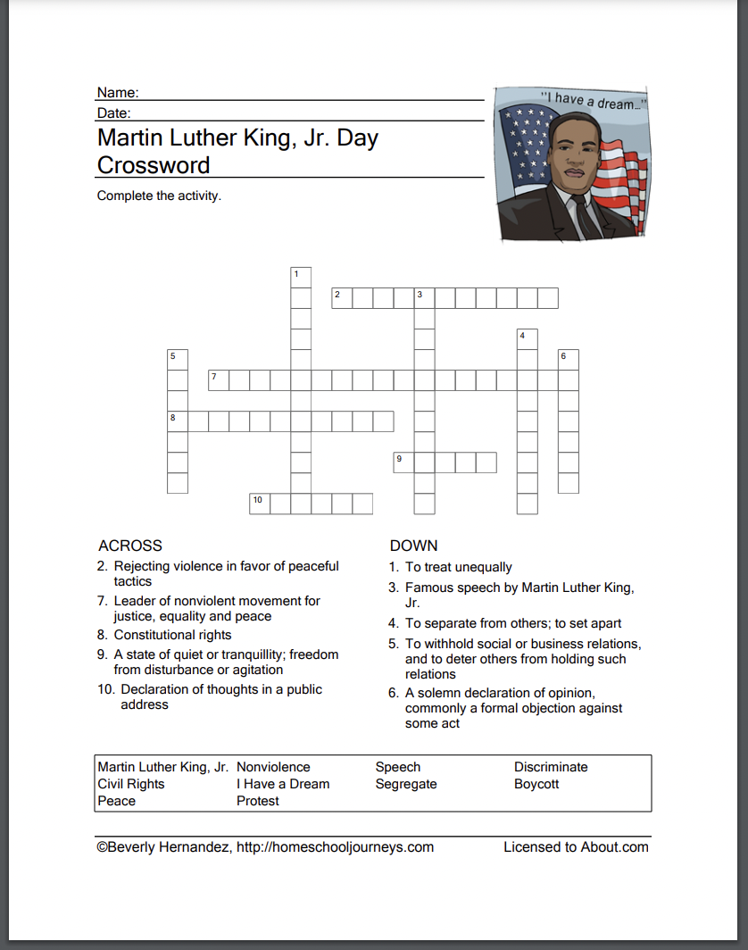 Martin Luther King, Jr. Day Crossword Worksheet