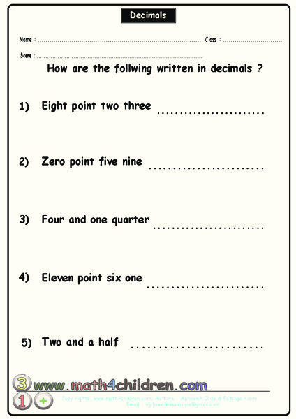 Decimals Worksheet