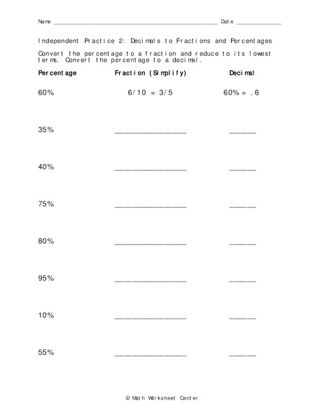 Decimals to Fractions and Percentages Worksheet