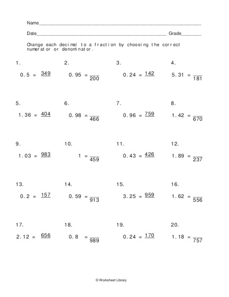 Decimals to Fractions Worksheet