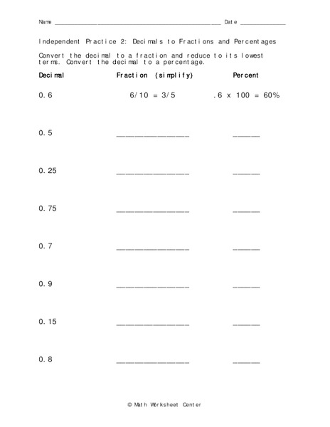 Decimals to Fractions and Percentages Worksheet