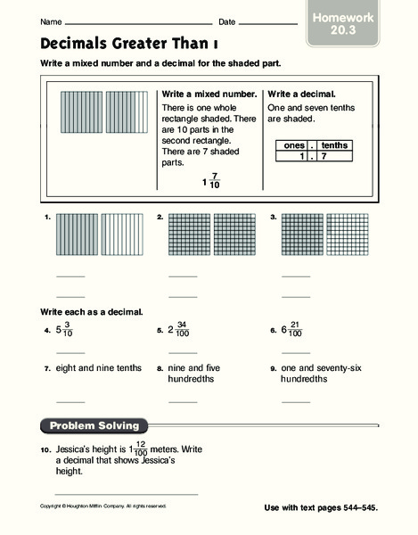 Decimals Greater Than 1 Worksheet