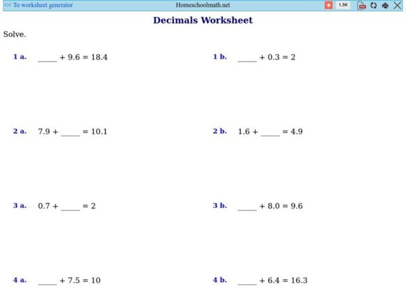 Decimals Worksheet 1 Worksheet