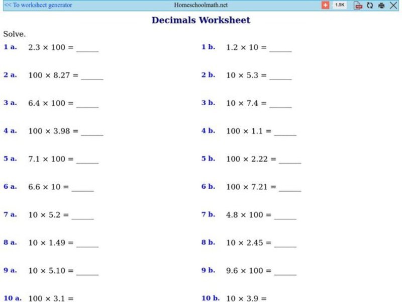 Decimals Worksheet 1: Multiplication 4 Worksheet