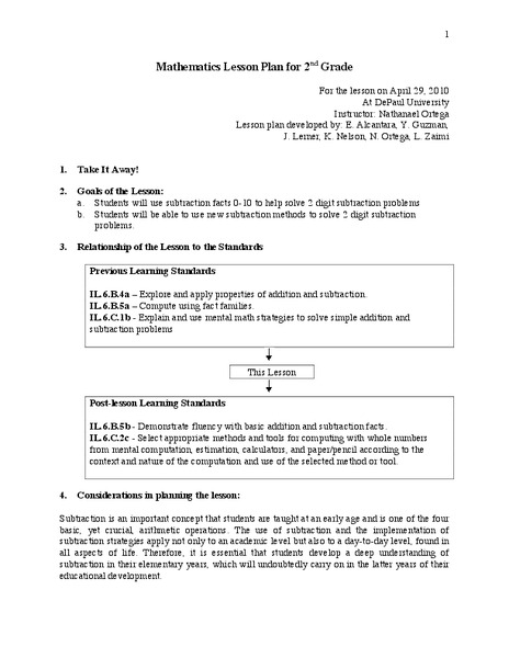 2 digit subtraction Lesson Plan